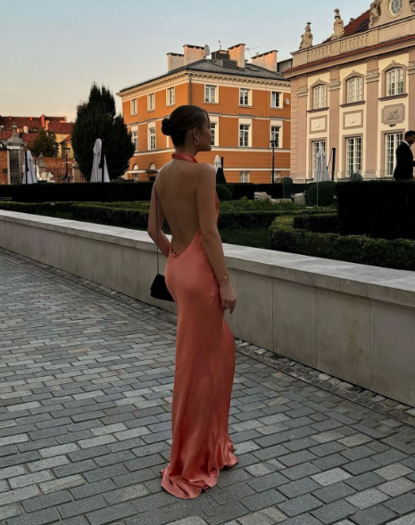 Classy Coral Pink Halter Backless Satin Mermaid Party Dress Long Wedding Guest Dress Evening Gown D1466