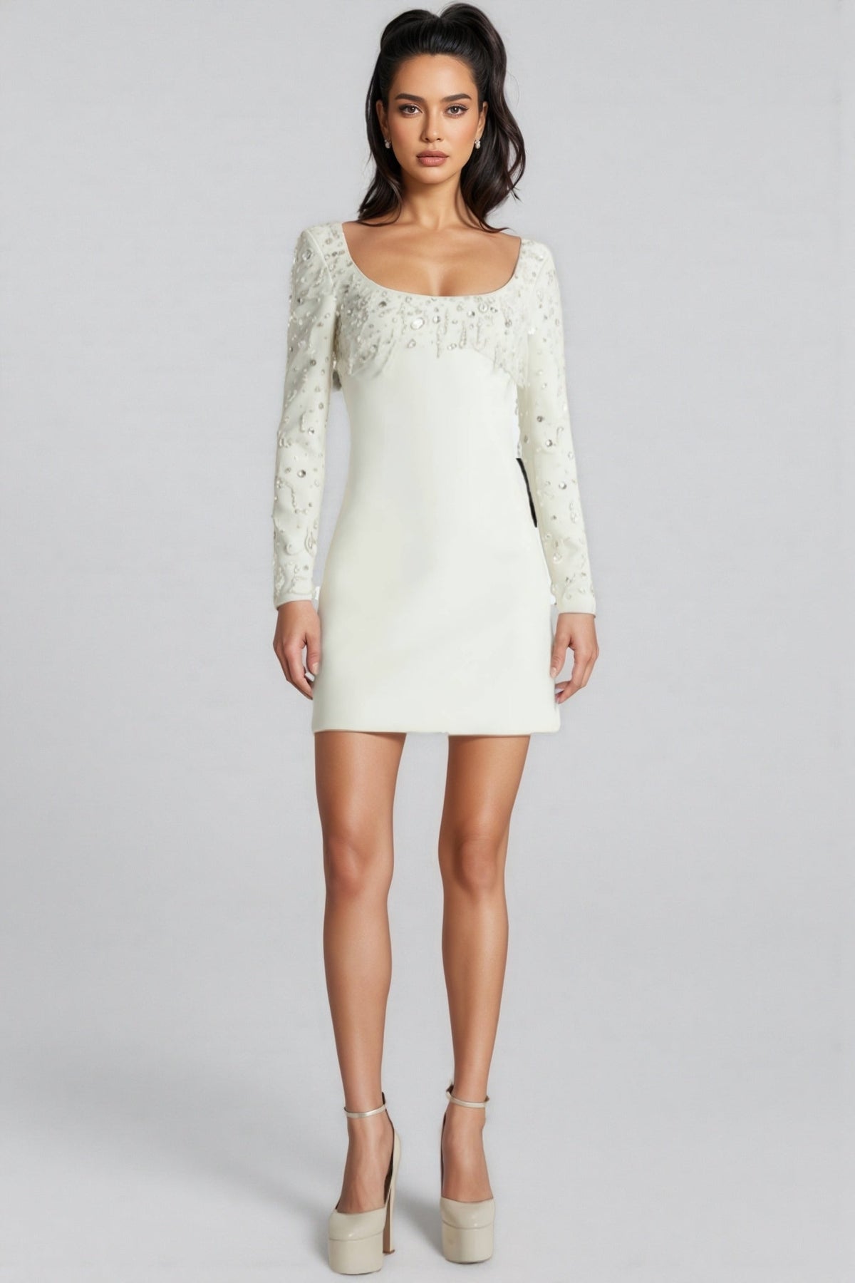 Scoop Neck Long Sleeve Rhinestone Embellished Bodice Mini Dress