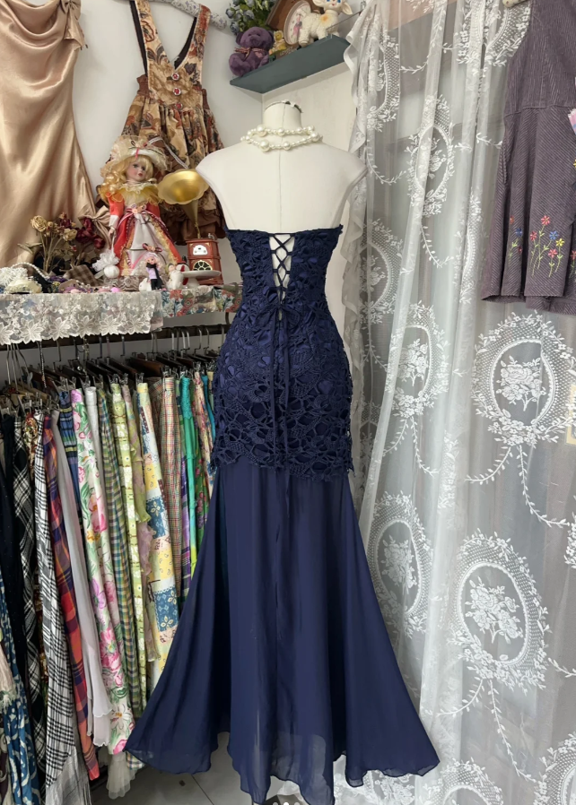 Charming Navy Blue Strapless Lace Beaded Mermaid Long Evening Dress Party Dress D1787