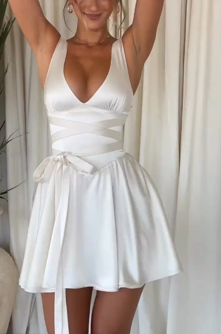 Elegant V Neck Satin A Line White Graduation Homecoming Dress Short Prom Dress D430
