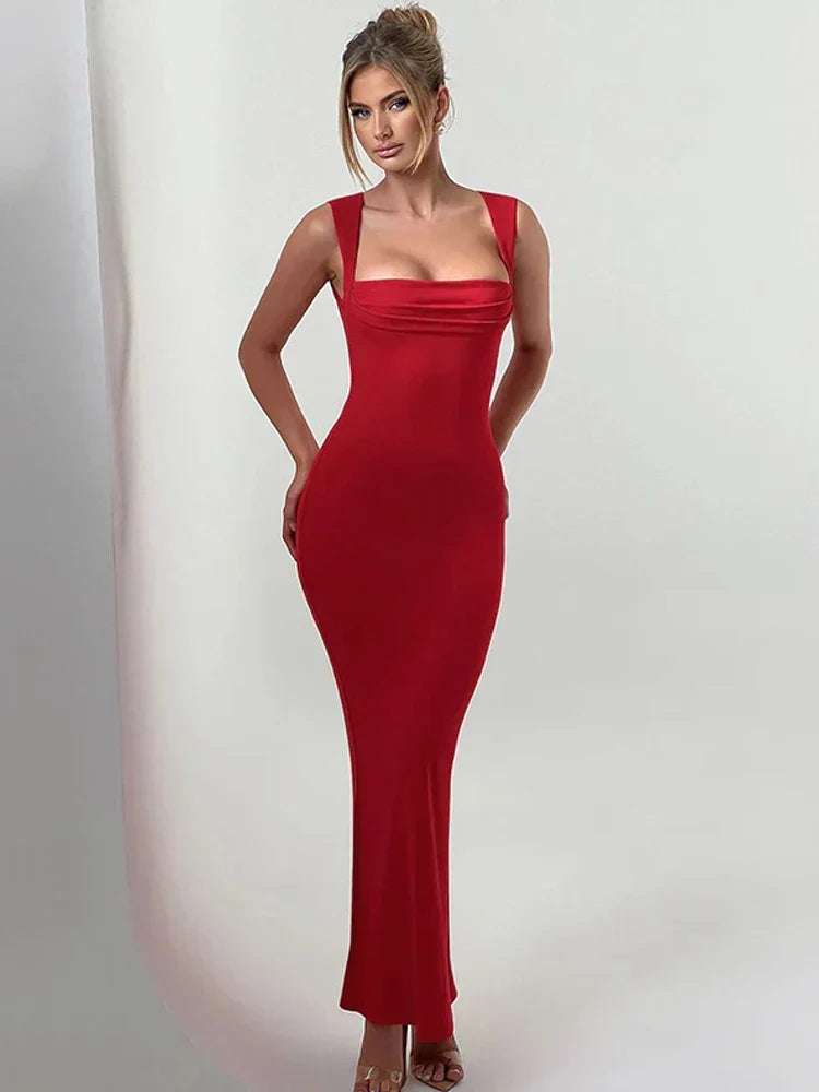 Satin Square Neck Ruched Bodycon Maxi Dress