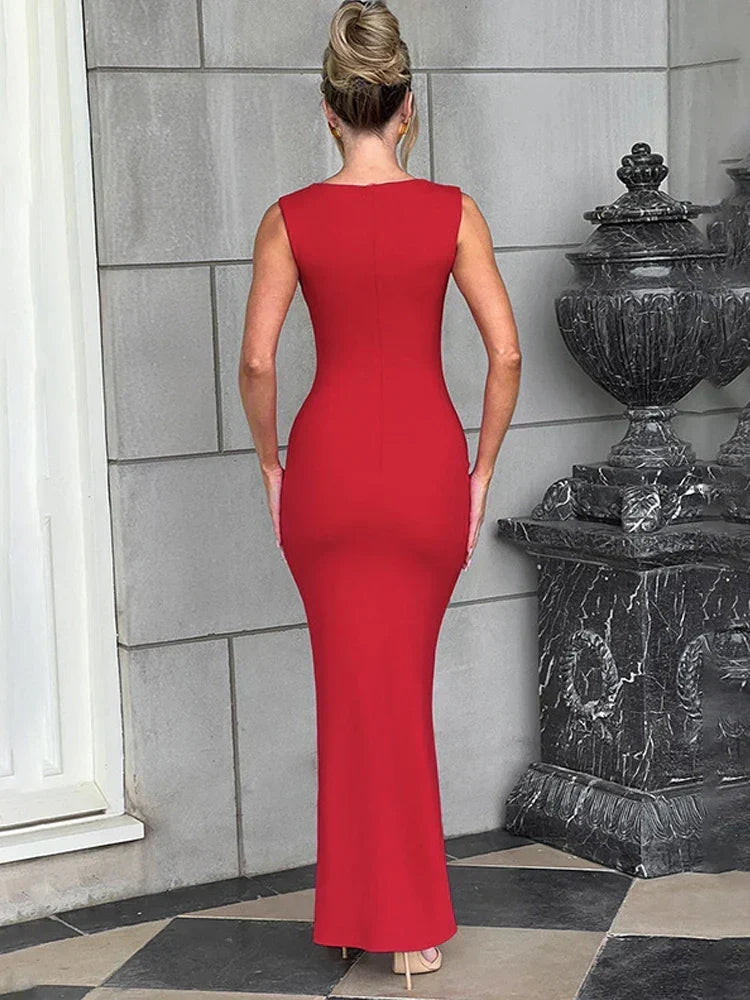 Satin Square Neck Ruched Bodycon Maxi Dress 4