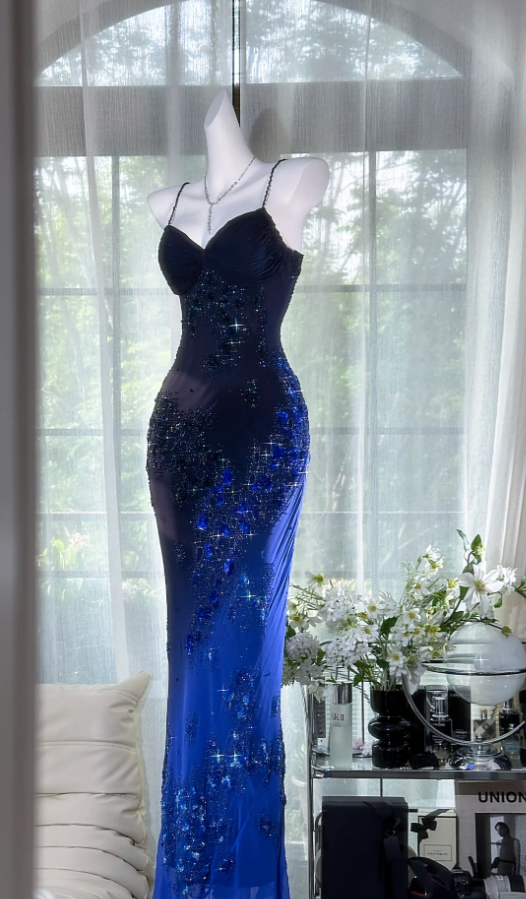 Gorgeous Spaghetti Straps Ombre Navy Blue Beaded Appliques Mermaid Evening Dress Party Dress D977