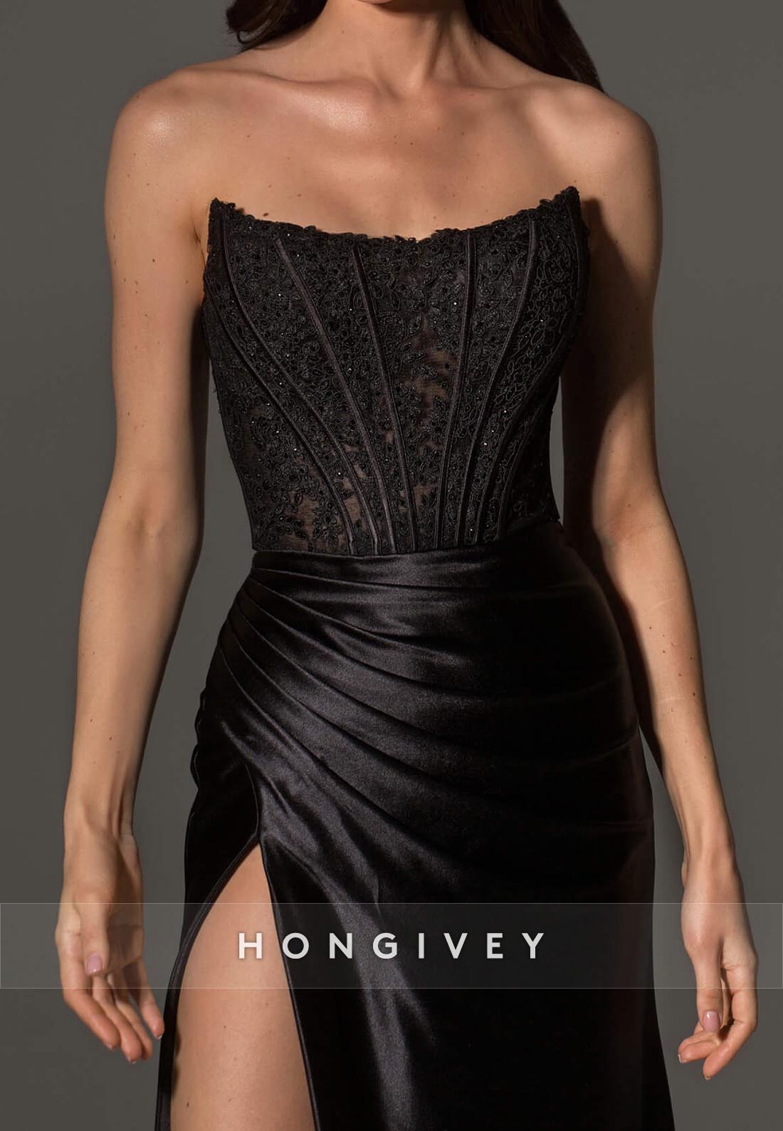 Lace Applique Ruched High Slit Couture Long Prom Dresses with Train