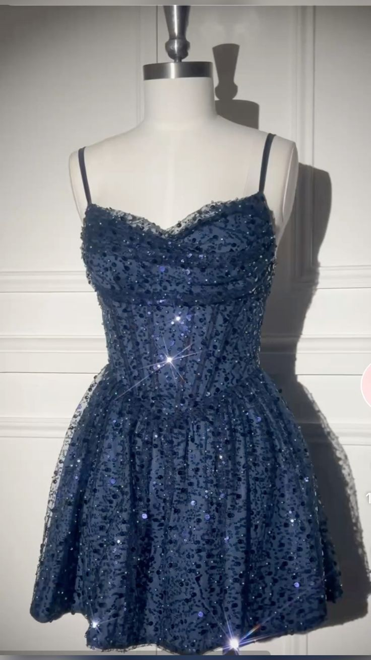 Pretty Spaghetti Straps Navy Blue Tulle Sequin Beaded A Line Short Prom Dress Formal Homecoming Dress D735