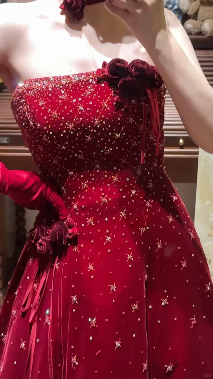 Vintage Strapless Red Velvet Sequin Beaded Long Evening Gown Party Dress D1611