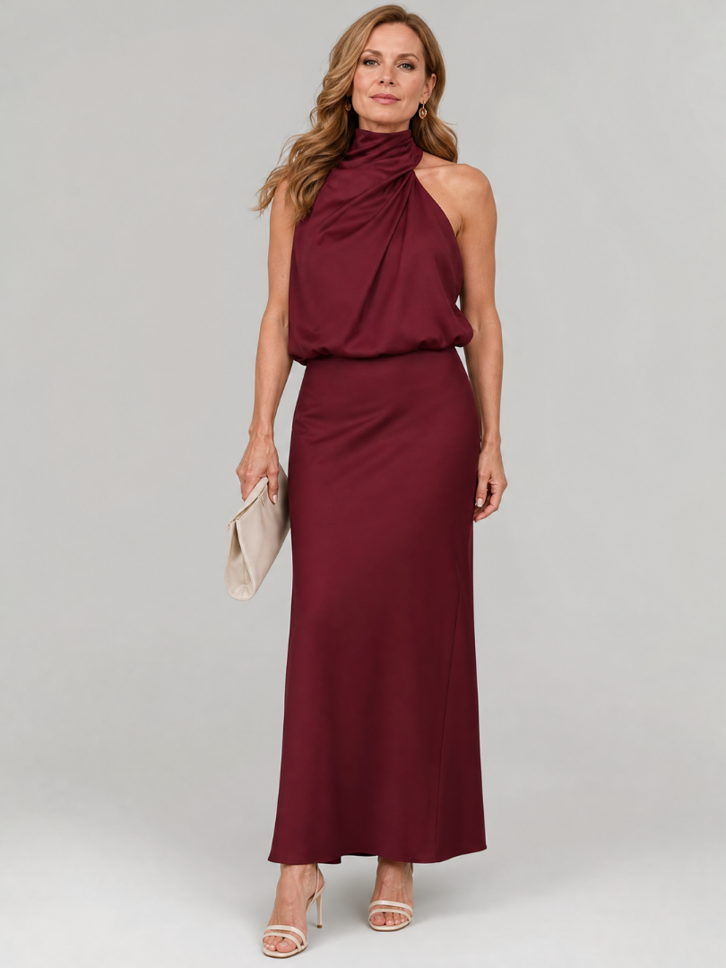 Halter Neck Draped Satin Maxi Gown