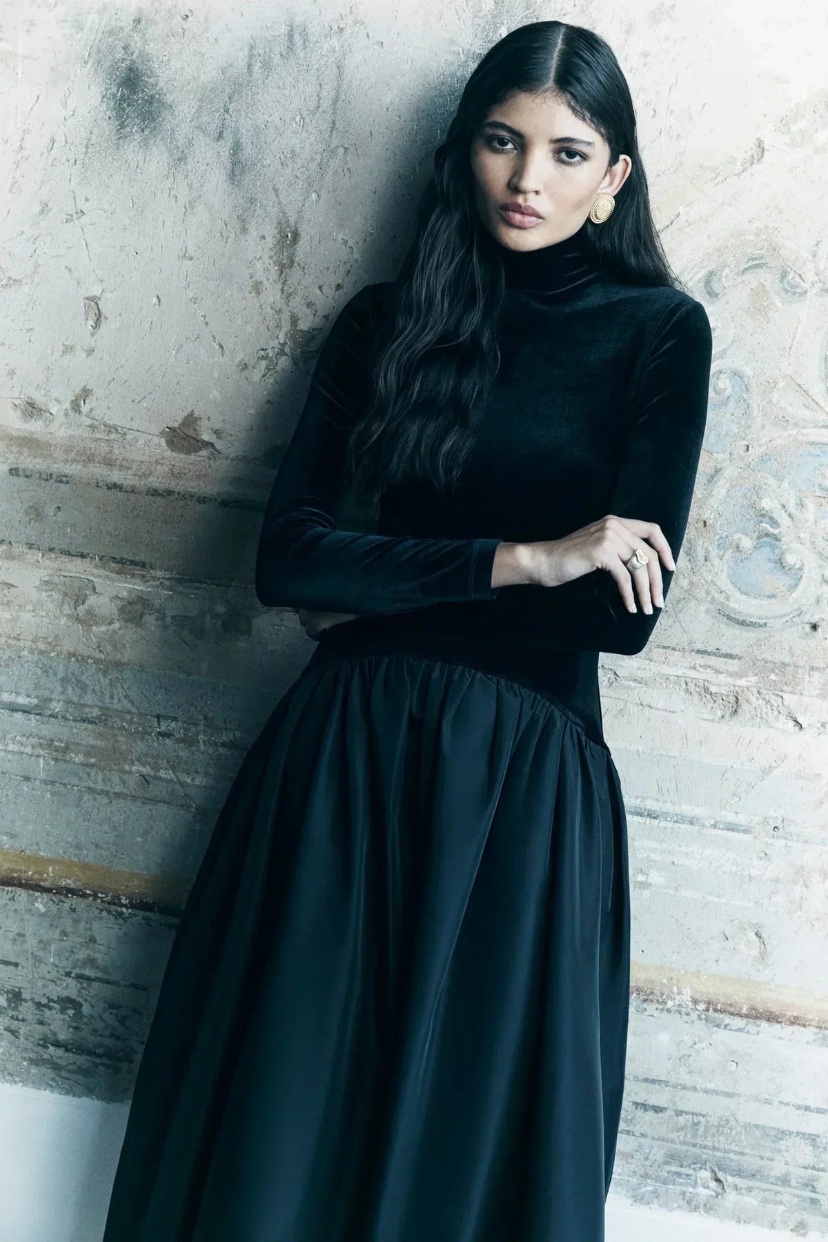 Velvet Mock Neck Long Sleeve Drop Waist Balloon Skirt Maxi Dress