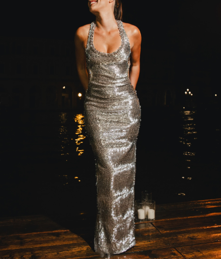 Gorgeous Halter Sequin Beaded Long Evening Dress Backless Slit Party Gown D695