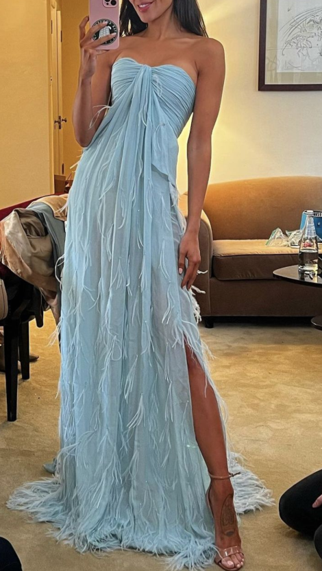 Classy Sweetheart Neck Blue Chiffon Feathers Mermaid Slit Long Party Dress Prom Dresses D1563