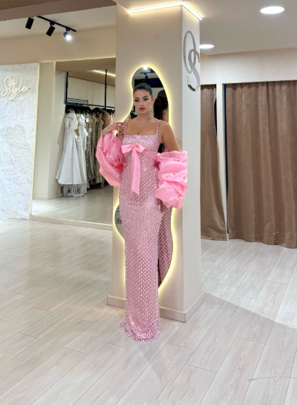 Gorgeous Spaghetti Straps Pink Sequin Beaded Mermaid Evening Dress Long Party Dress D1438