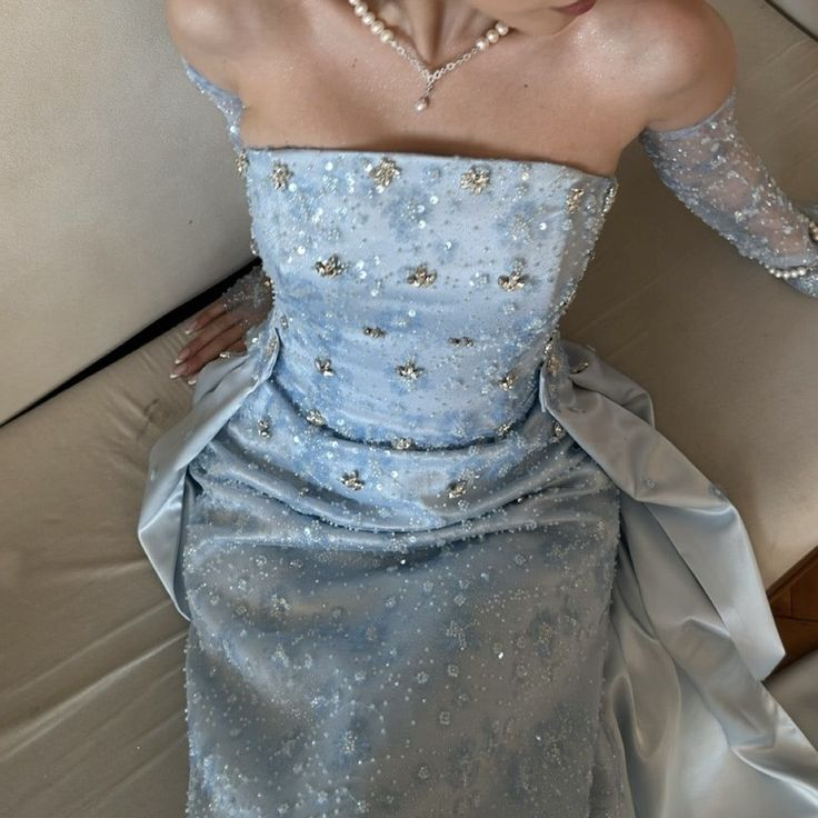 Classy Strapless Light Blue Satin Tulle Beaded Mermaid Prom Dress Long Party Gown D871
