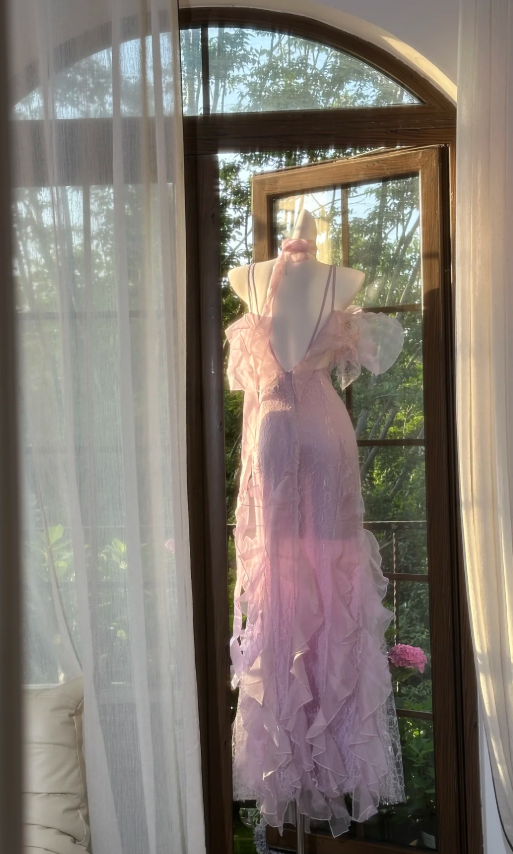 Classy Pink Spaghetti Straps V Neck Lace Chiffon Ruffle Mermaid Evening Dress Long Party Dress with Ribbon D1246