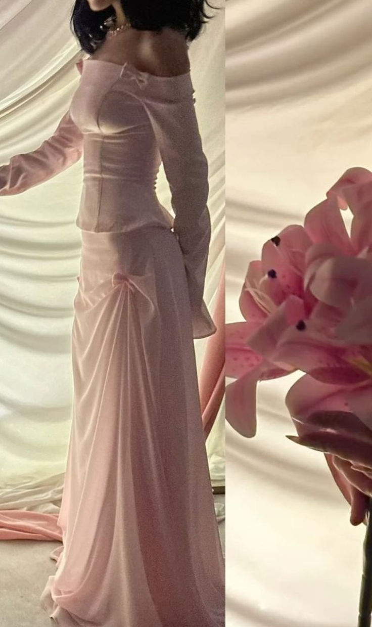 Sweet Two Piece Off The Shoulder Pink Satin Chiffon Mermaid Prom Dress Formal Party Dress D957