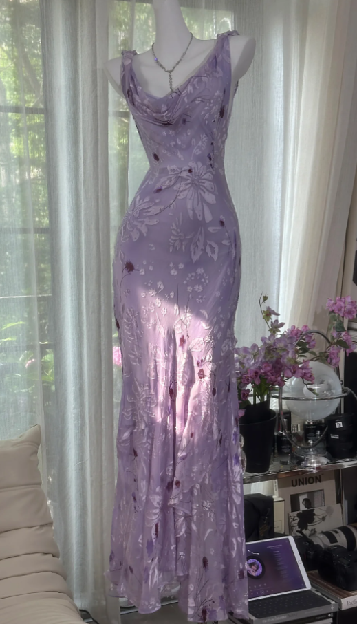 Pretty Lilac Chiffon Print Floral Beaded Mermaid Prom Dress Long Evening Dress D927