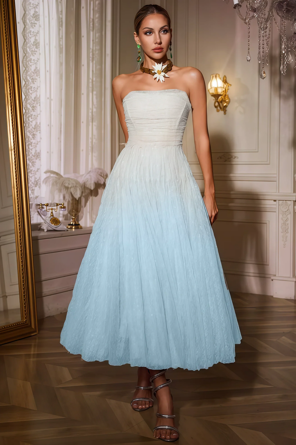 Sorirt Blue Strapless Ruched Mesh Midi Dress - View 2