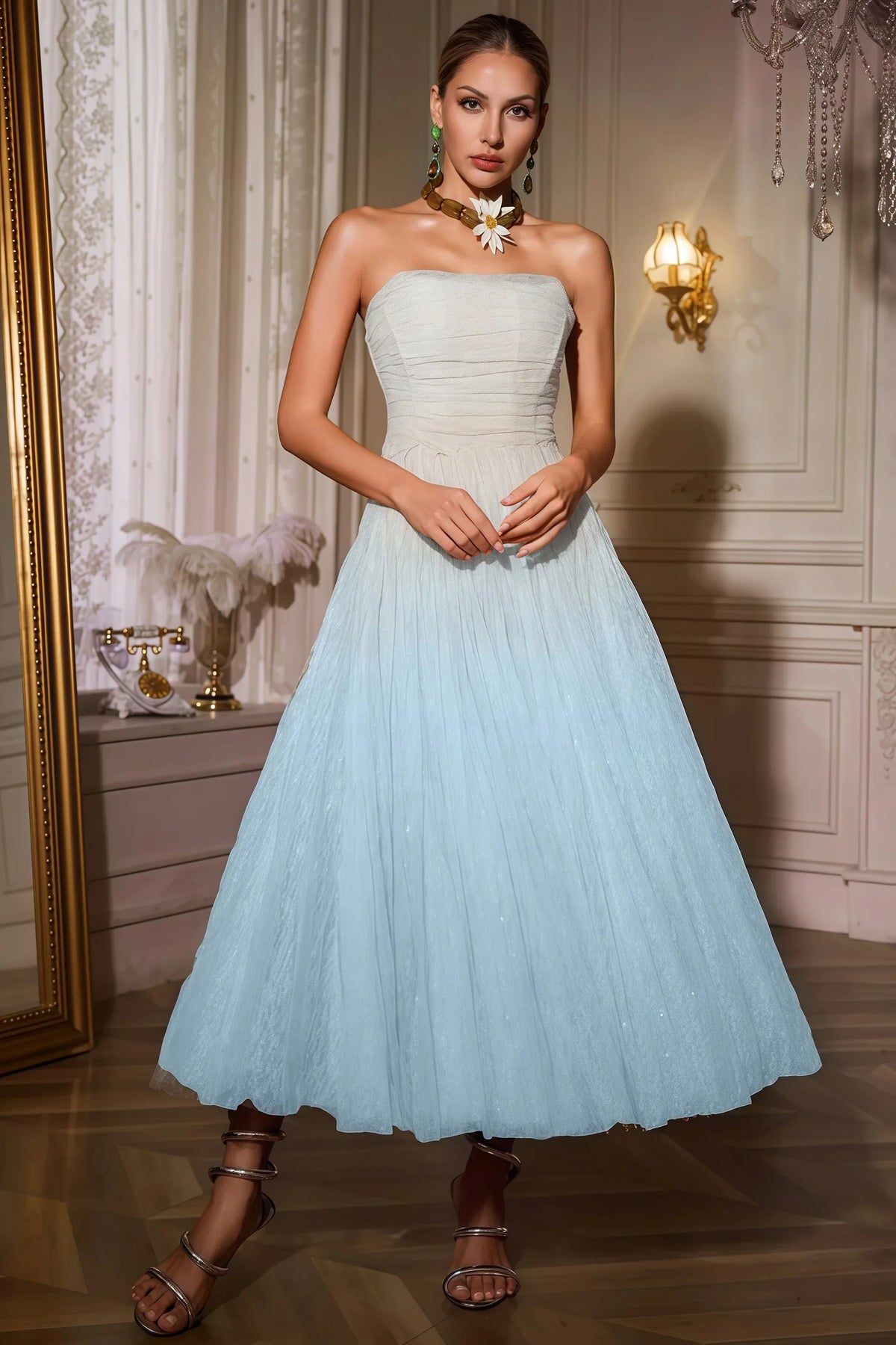 Sorirt Blue Strapless Ruched Mesh Midi Dress