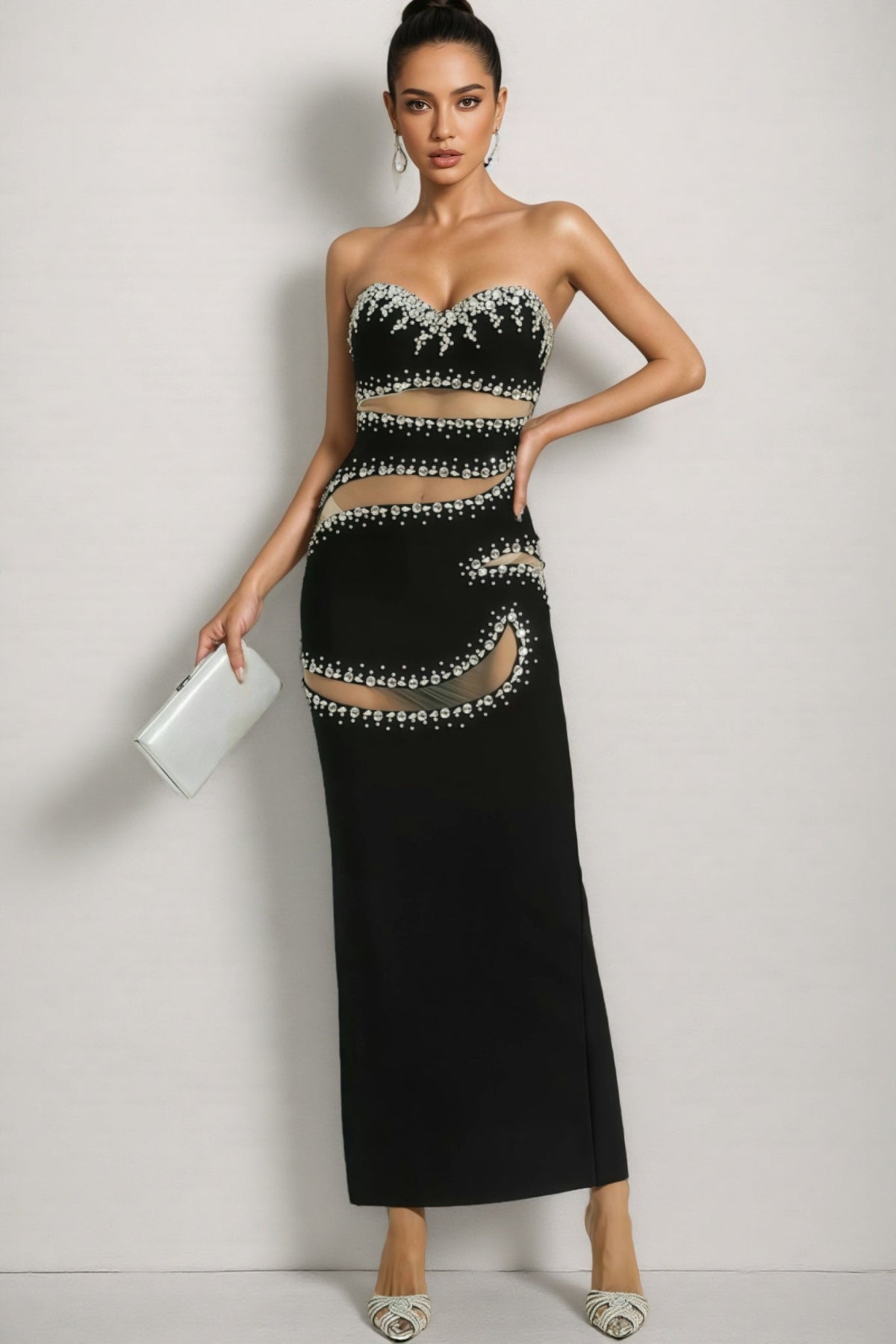 Elioed Black Beading Mesh Bandage Maxi Dress