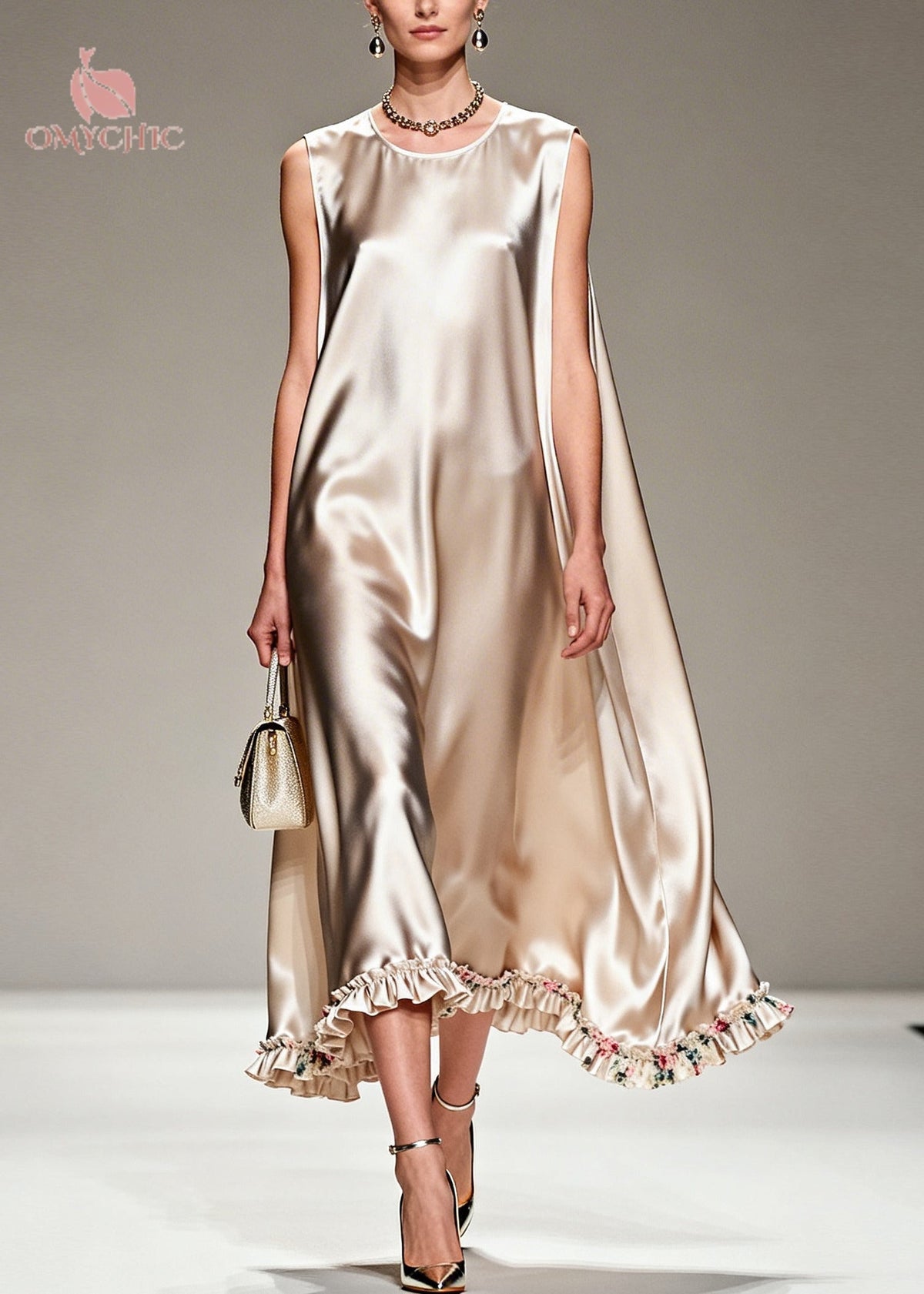 Satin Sleeveless Cape Back Floral Ruffle Hem Midi Dress