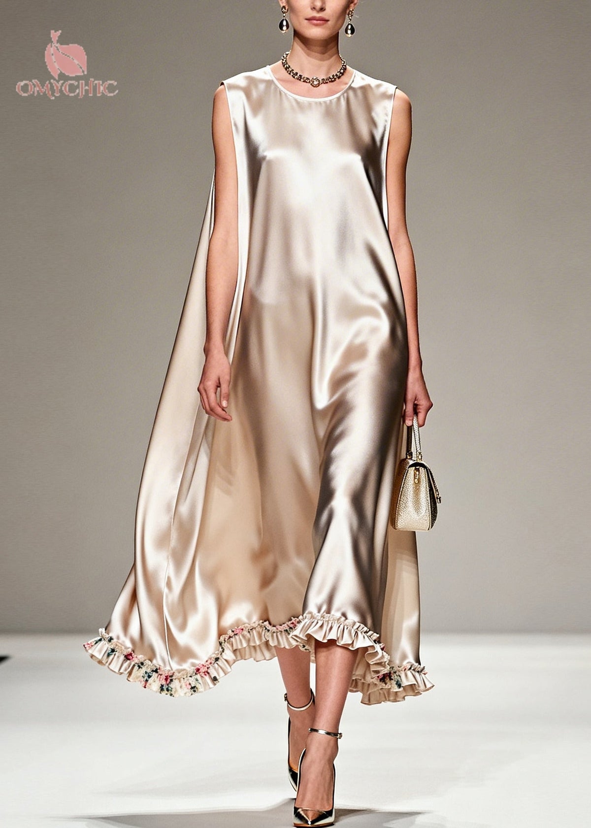 Satin Sleeveless Cape Back Floral Ruffle Hem Midi Dress - View 3
