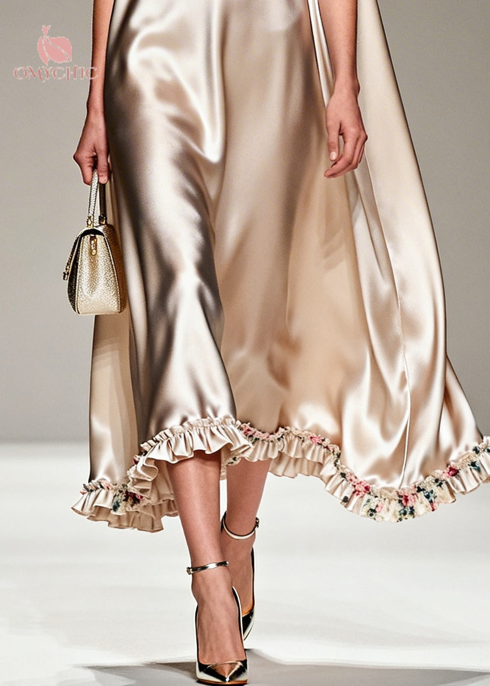 Satin Sleeveless Cape Back Floral Ruffle Hem Midi Dress - View 4