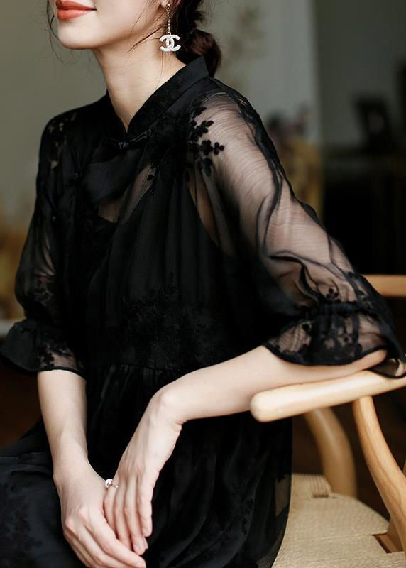 Floral Embroidered Mandarin Collar Sheer Organza Midi Dress