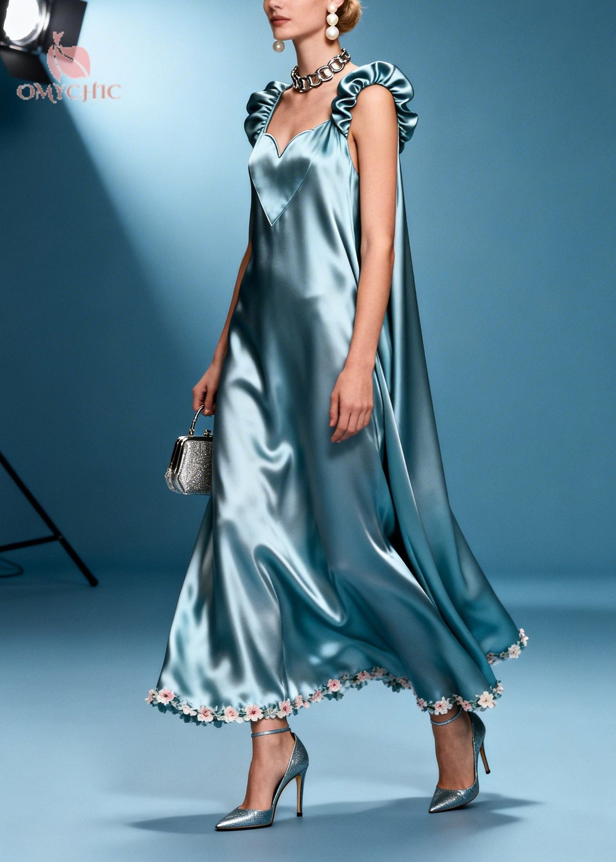 Satin Deep V-Neck Ruffle Strap Floral Trim Hem Maxi Gown - View 3