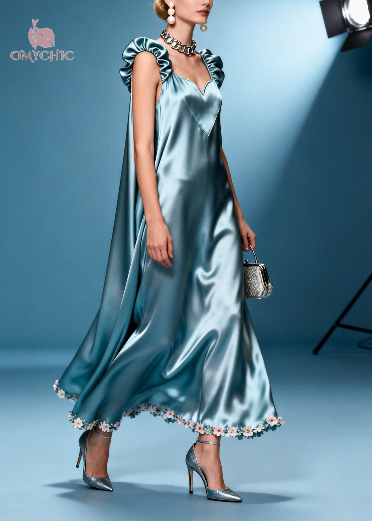 Satin Deep V-Neck Ruffle Strap Floral Trim Hem Maxi Gown - View 4