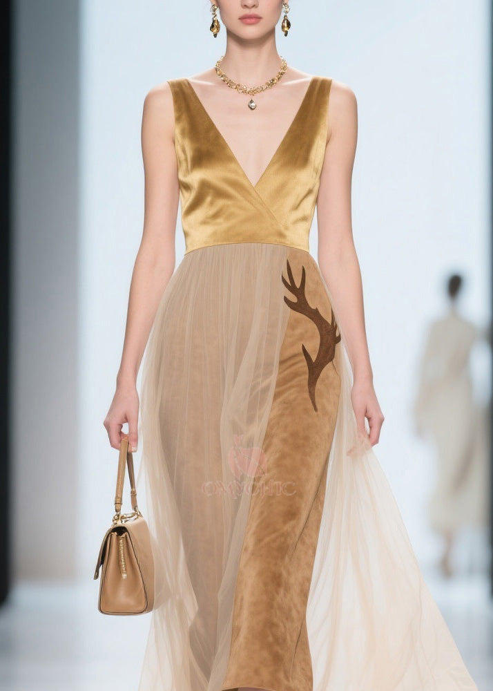 V-Neck Sleeveless Satin Velvet Antler Applique Tulle Midi Dress - View 2