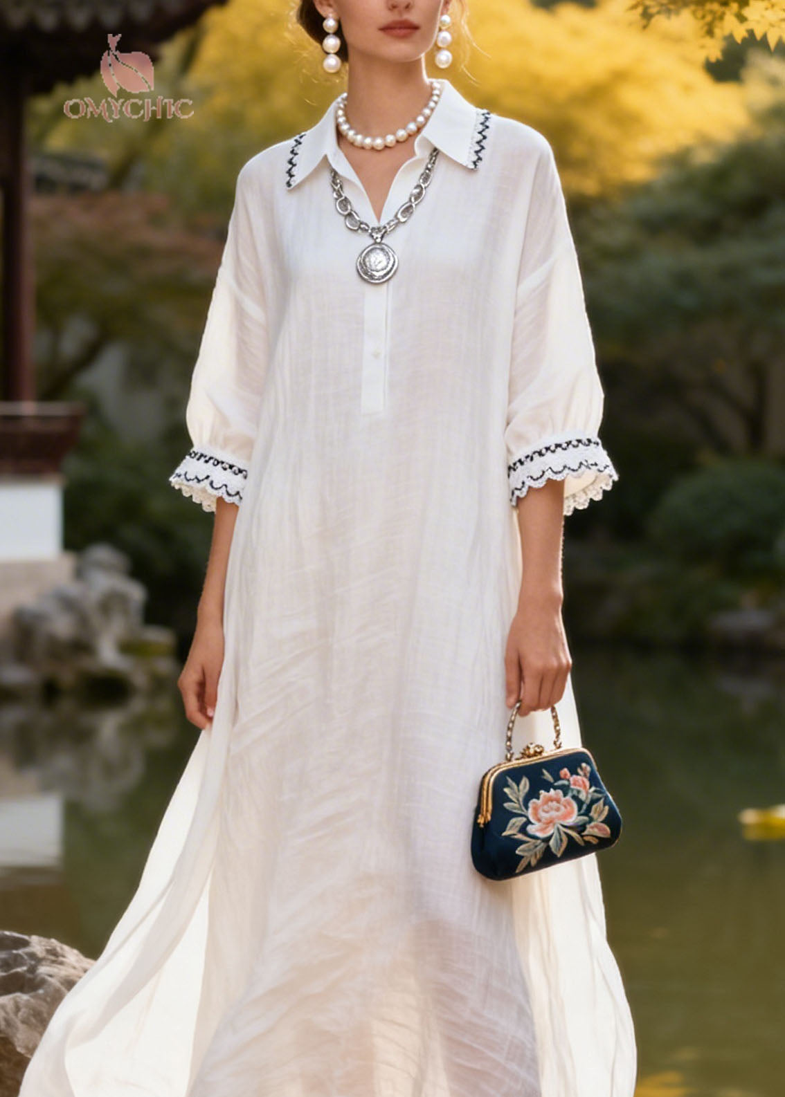 Lace Trim Collar Three Quarter Sleeve Button Front Midi Dress - View 2