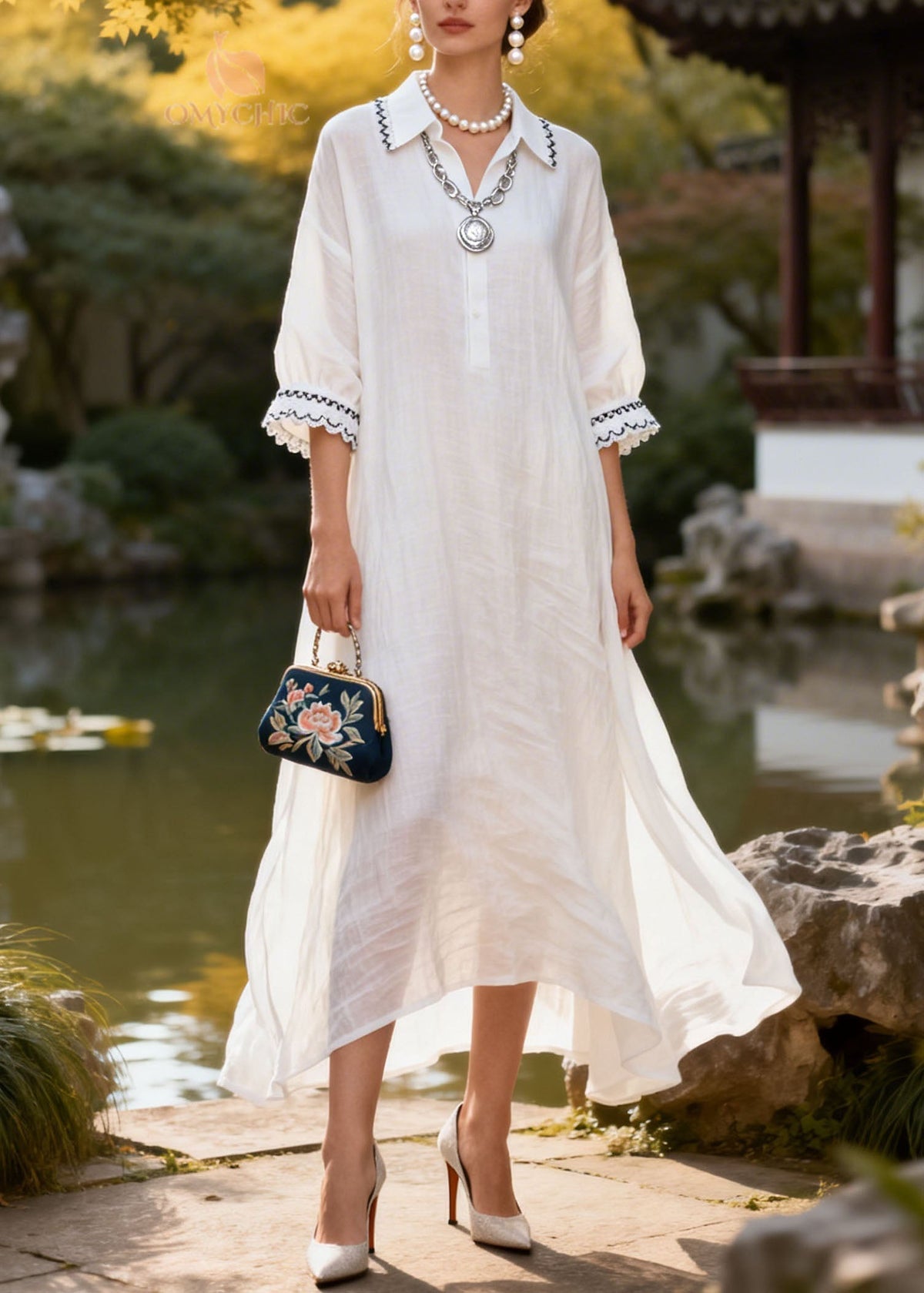 Lace Trim Collar Three Quarter Sleeve Button Front Midi Dress - View 3