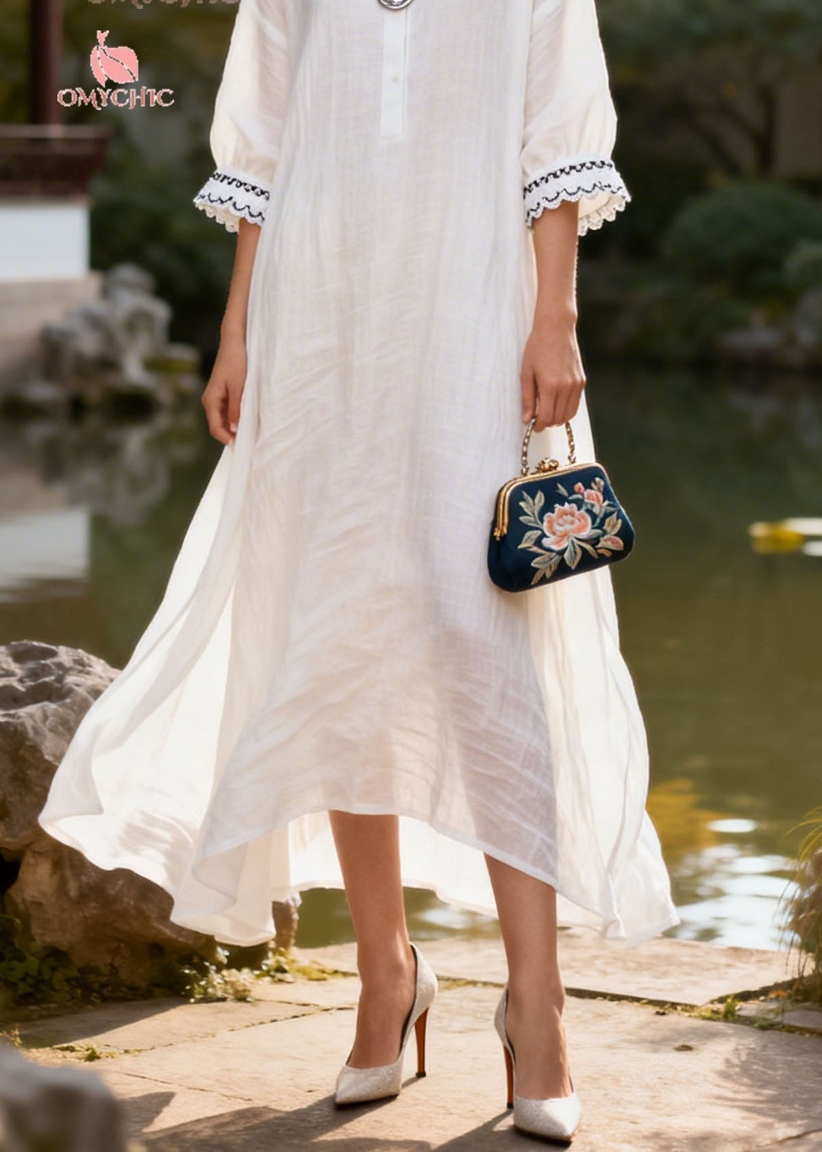 Lace Trim Collar Three Quarter Sleeve Button Front Midi Dress - View 4