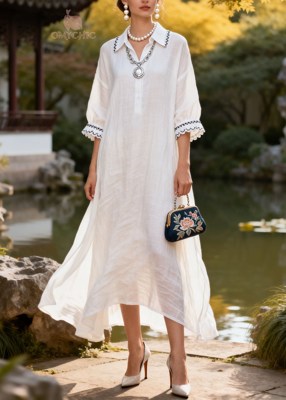 Lace Trim Collar Three Quarter Sleeve Button Front Midi Dress - View 5