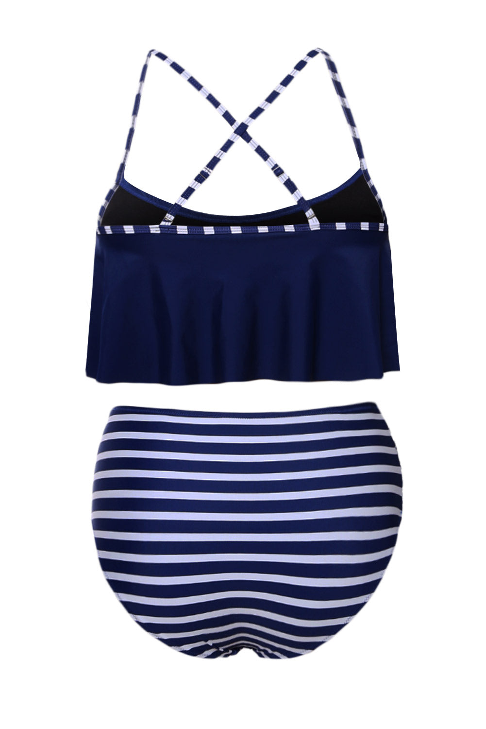 Navy Top and Striped Bottom High Waist Swimwear
