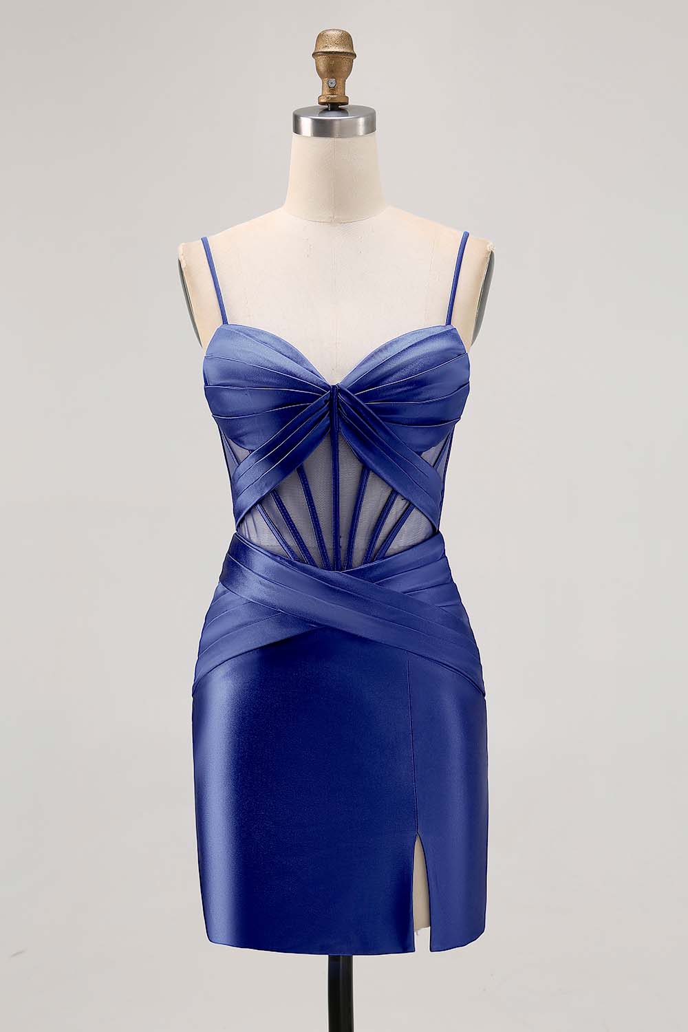 Royal Blue Satin Tight Ruched Corset Short Homecoming Dress with Slit