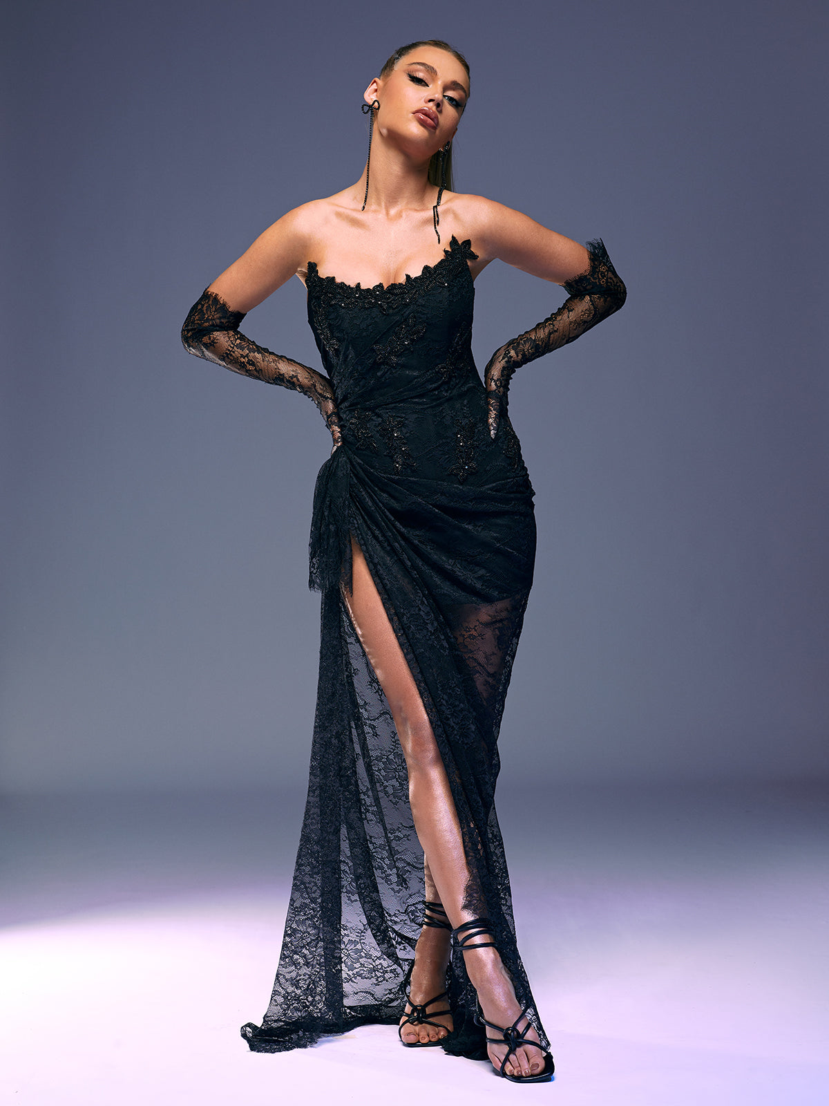 Sequin Lace Strapless Sweetheart High-Slit Gown with Gloves 4