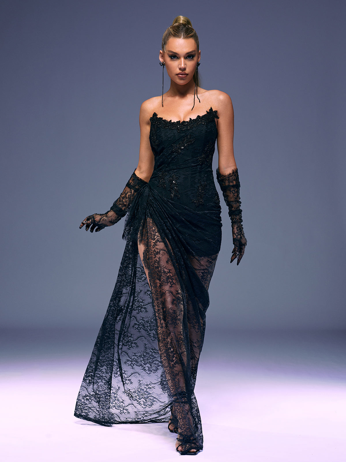 Sequin Lace Strapless Sweetheart High-Slit Gown with Gloves 3