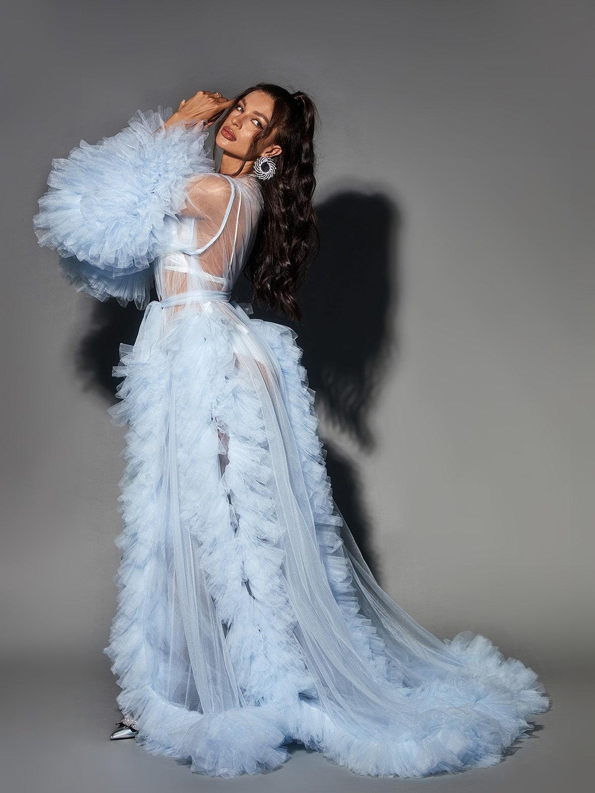 Nebula Long Sleeve Tulle Maxi Dress In Sky
