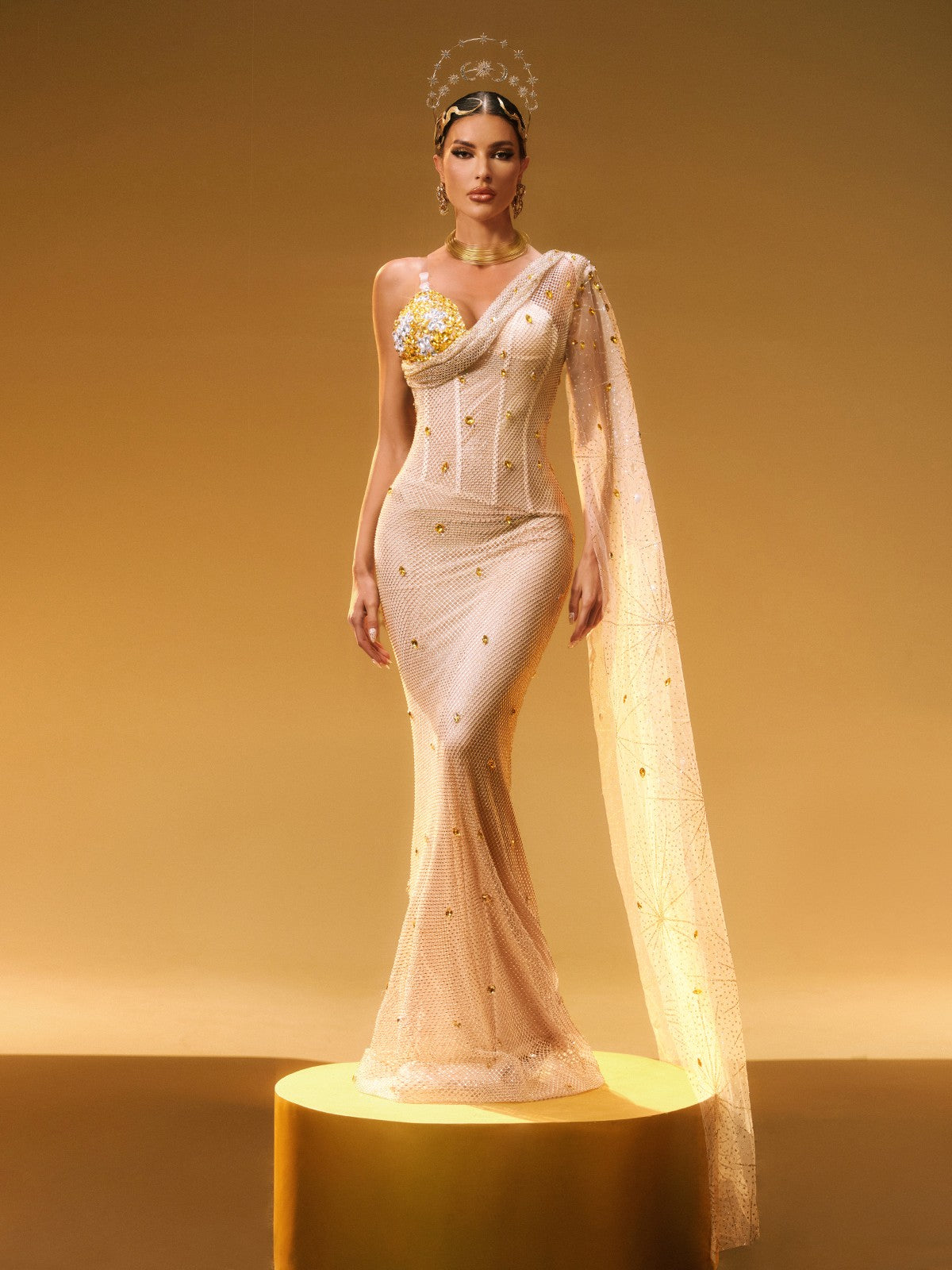 One Shoulder Rhinestone Maxi Dress