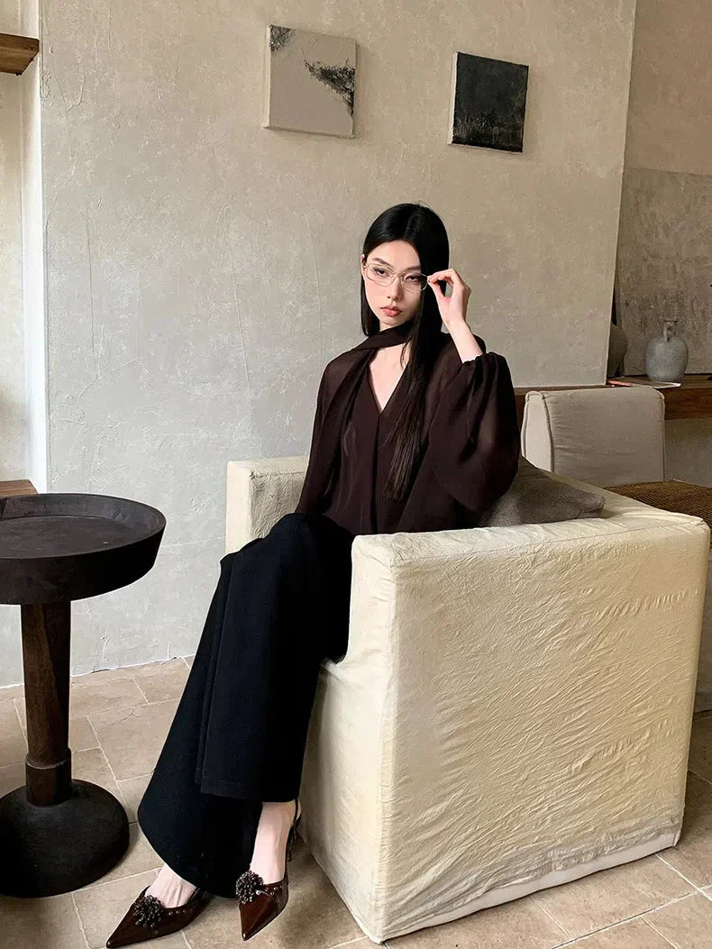 Neck Tie Sheer Mesh Blouse - Fashionpara