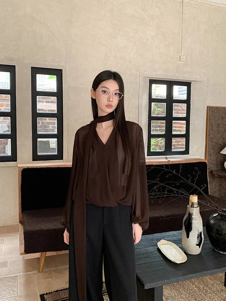 Neck Tie Sheer Mesh Blouse - Fashionpara