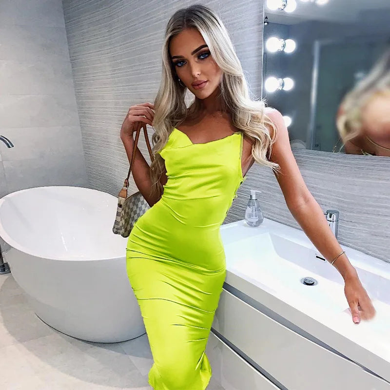 Satin Lace Up Pink Backless Midi Dress - View 6