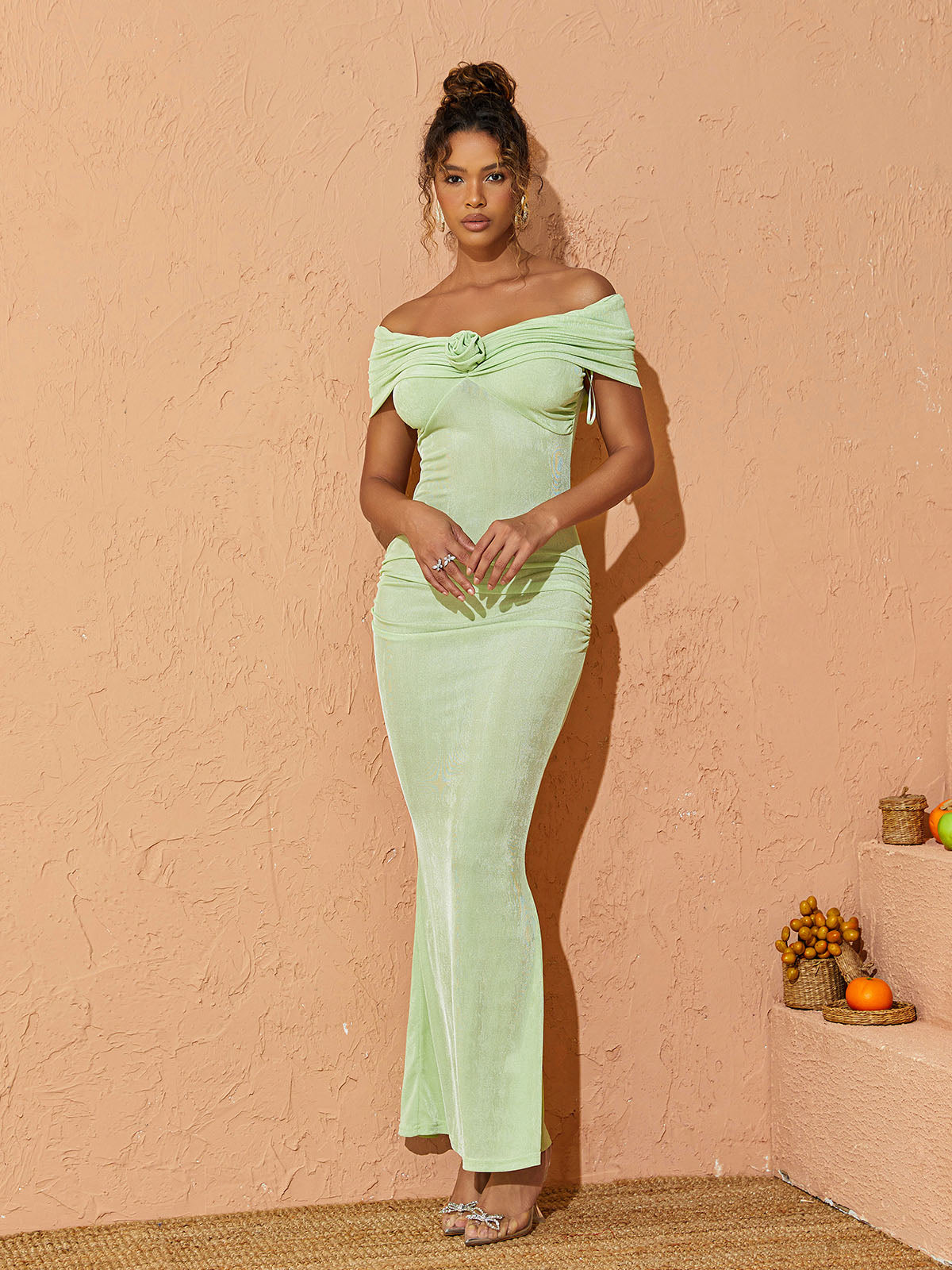 Off Shoulder Rosette Ruched Mermaid Maxi Dress