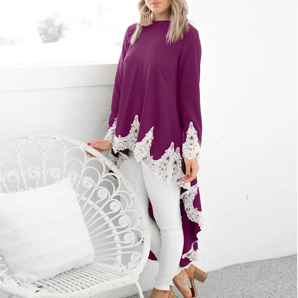 Round-Neck Long-Sleeve Lace-Trim High-Low Peplum Top 2