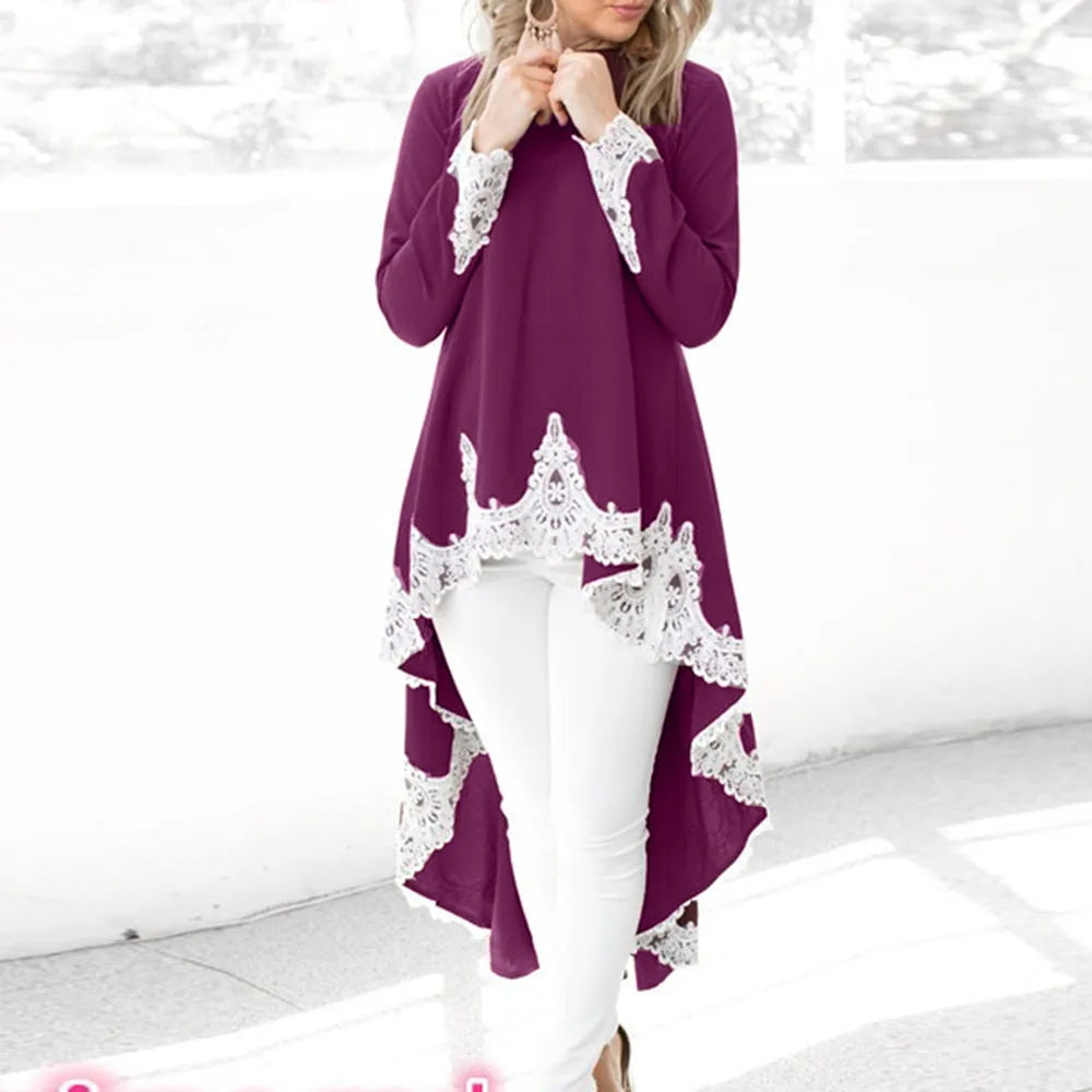 Round-Neck Long-Sleeve Lace-Trim High-Low Peplum Top 9