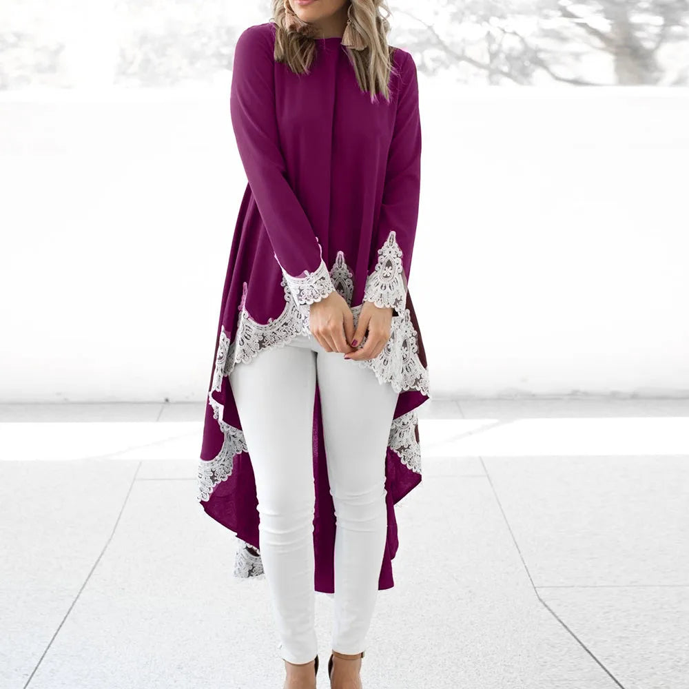 Round-Neck Long-Sleeve Lace-Trim High-Low Peplum Top 3