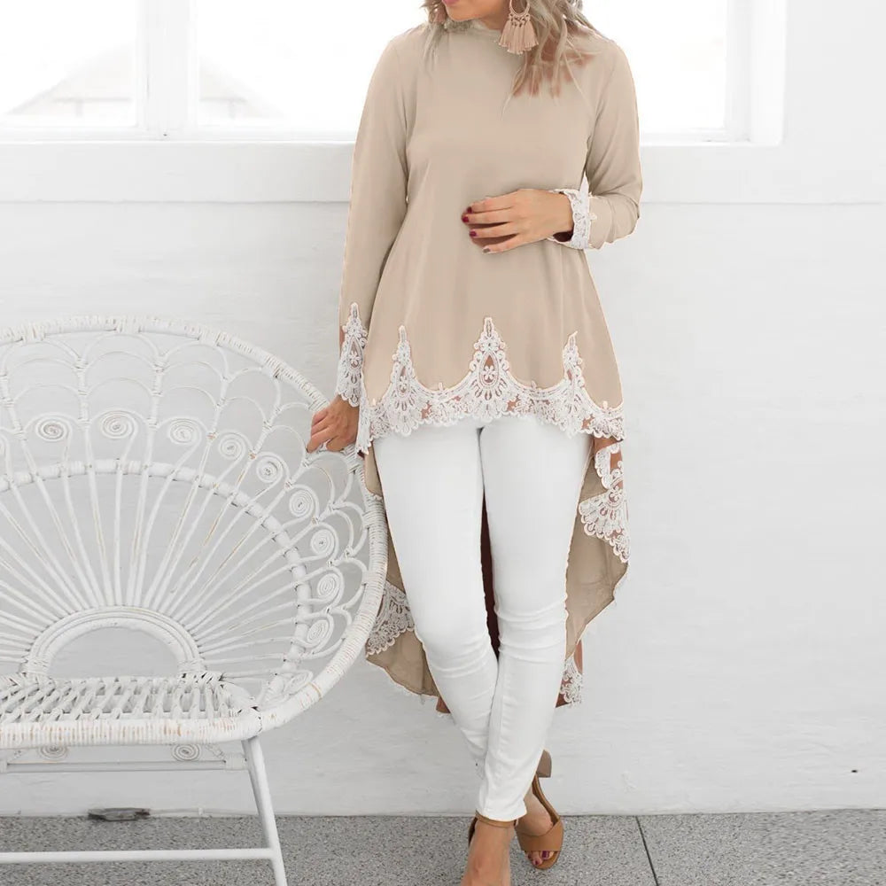 Round-Neck Long-Sleeve Lace-Trim High-Low Peplum Top 5