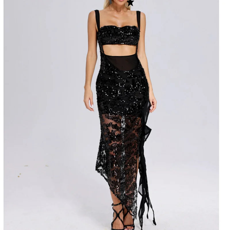 Sequin Square Neck Cut Out High Low Maxi Dress