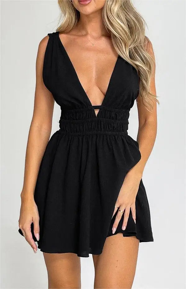 Sexy Backless V-neck Flower Print Mini Floral Dress