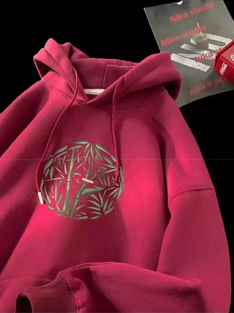 Bamboo Pattern Print Casual Y2K Hoodie